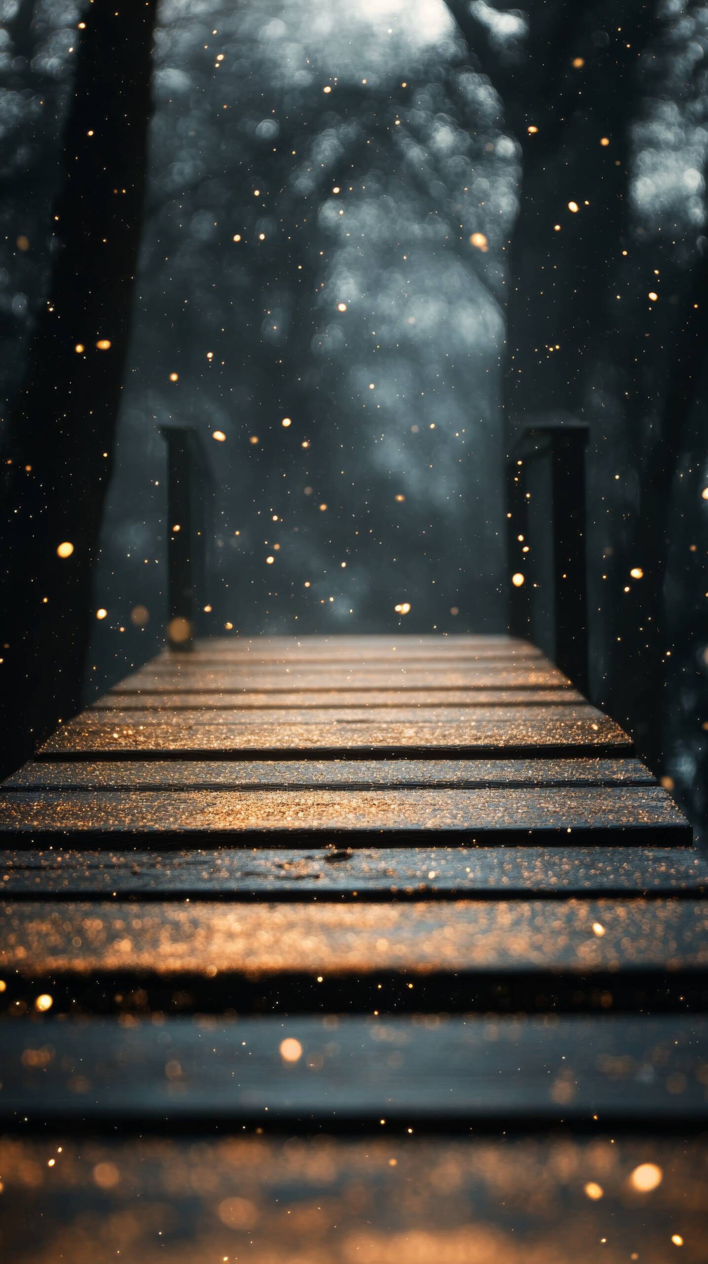 Wooden bridge leading into a misty forest surrounded by glowing golden light